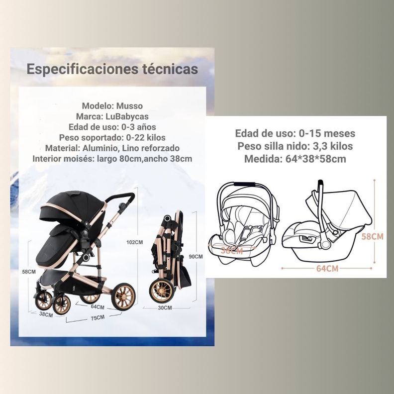 Coche Cuna Con Silla Nido y Accesorios LuBabycas Café-6