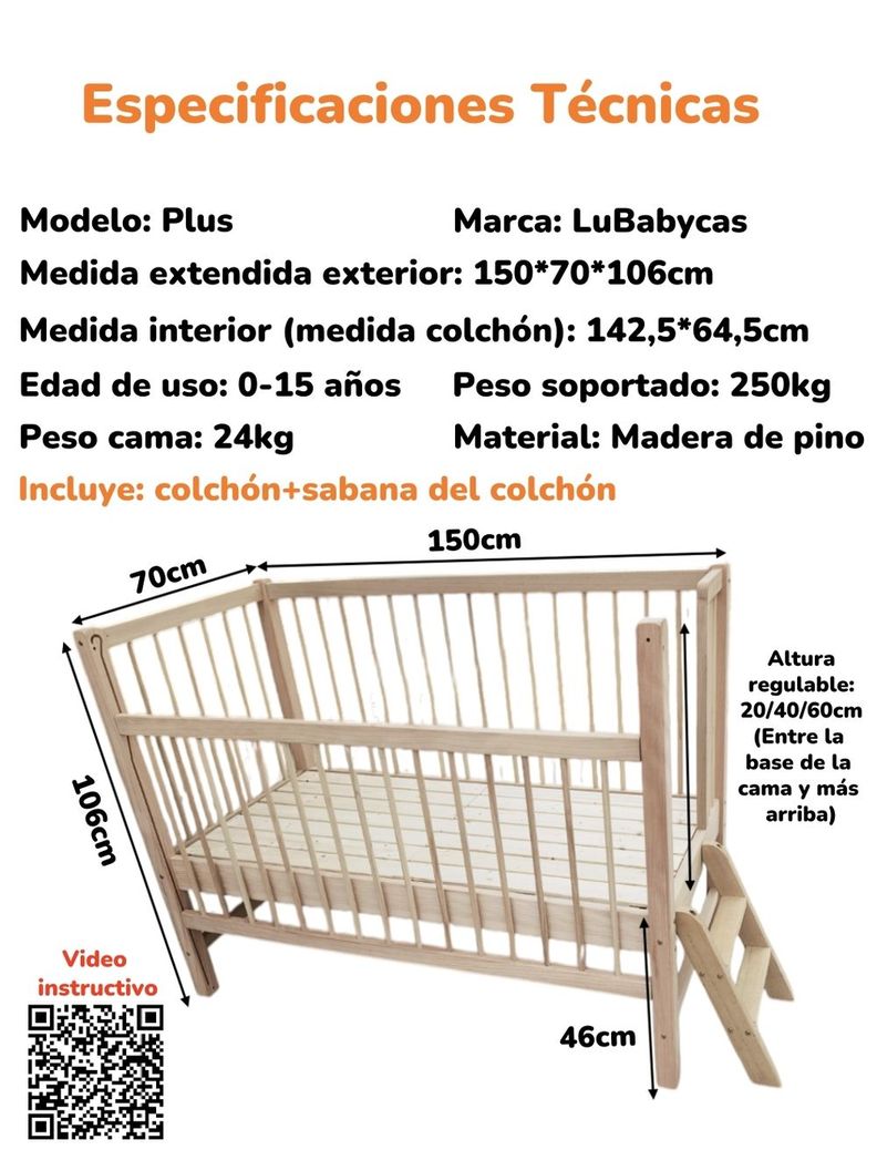 Cama Colecho 4 Laterales Con Colchón Y Sabana Plus LuBabycas-7