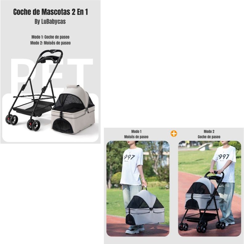 Coche Para Mascotas Perros Gatos 2 En 1 LuBabycas Gris-1