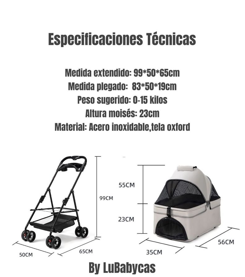 Coche Para Mascotas Perros Gatos 2 En 1 LuBabycas Gris-7