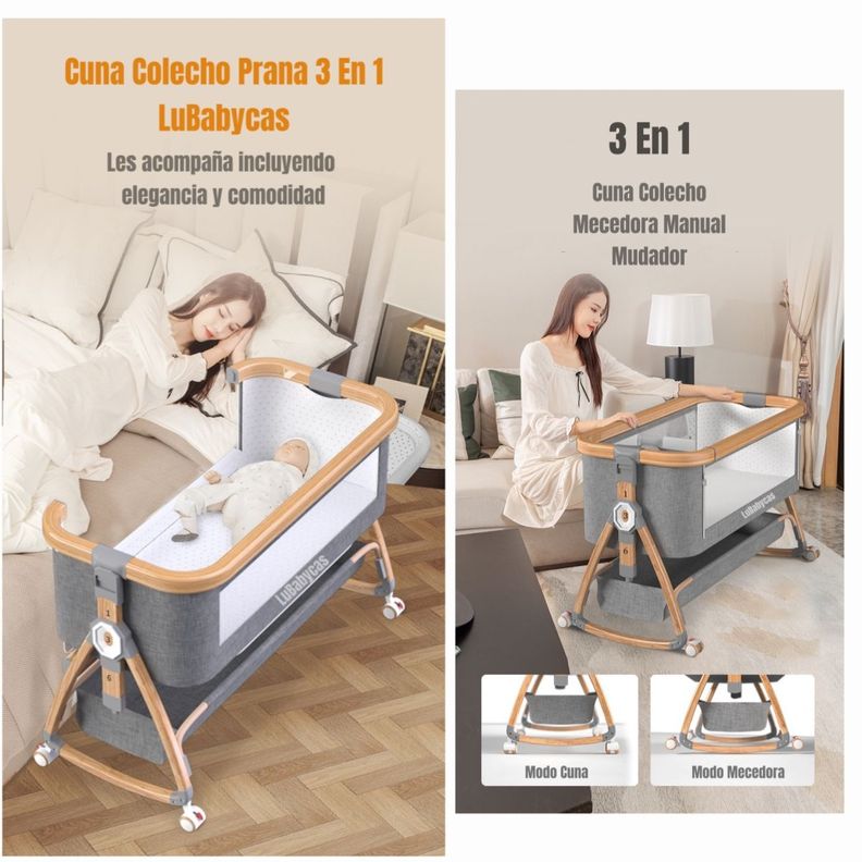 Cuna Colecho Mecedora 3 En 1 LuBabycas Gris-2