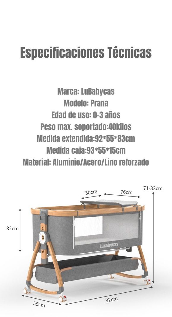 Cuna Colecho Mecedora 3 En 1 LuBabycas Gris-7