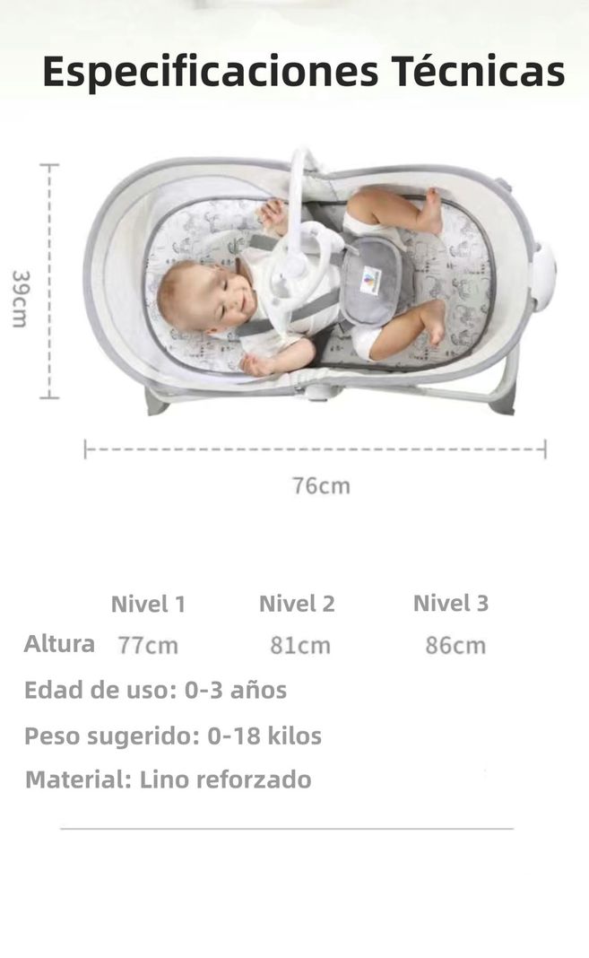 Cuna Moisés Y Columpio Con Vibración 2 En 1 Lubabycas Gris-7
