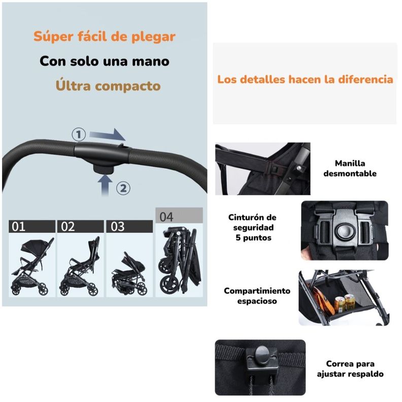 Coche De Paseo Reversible 4 Ruedas 360°Space Gris LuBabycas-5
