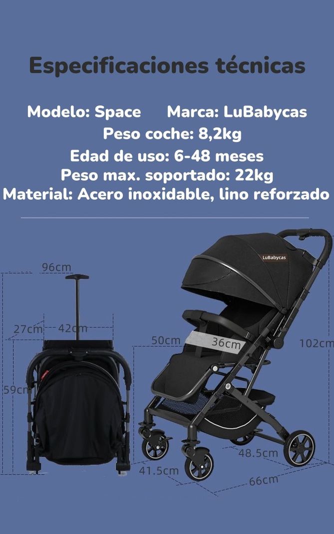 Coche De Paseo Reversible 4 Ruedas 360°Space Gris LuBabycas-6