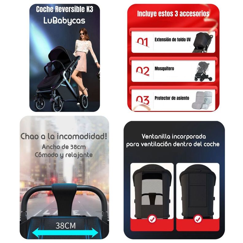 Coche De Paseo Reversible Premium Lubabycas Negro-1