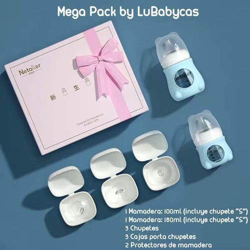 Set 2 Mamaderas Con Protectores 3 Chupetes Caja Lubabycas-1