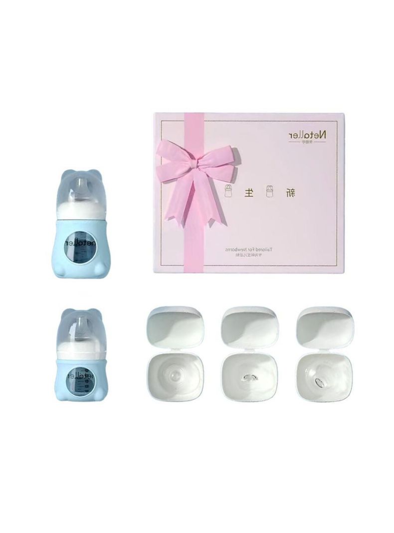 Set 2 Mamaderas Con Protectores 3 Chupetes Caja LuBabycas Azul