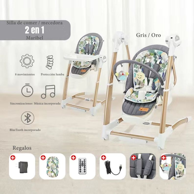 Silla De Comer Y Columpio Mecedor Lujoso Lubabycas Gris-1