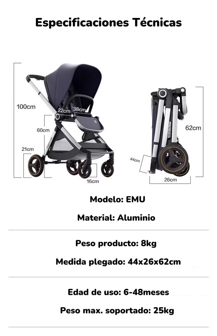 Coche De Paseo De Aluminio 2 Modos EMU Azul LuBabycas-7