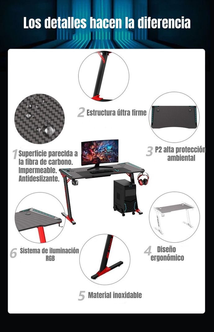 Escritorio Gamer 120x60x73cm Con Luces Negro LuBabycas-3