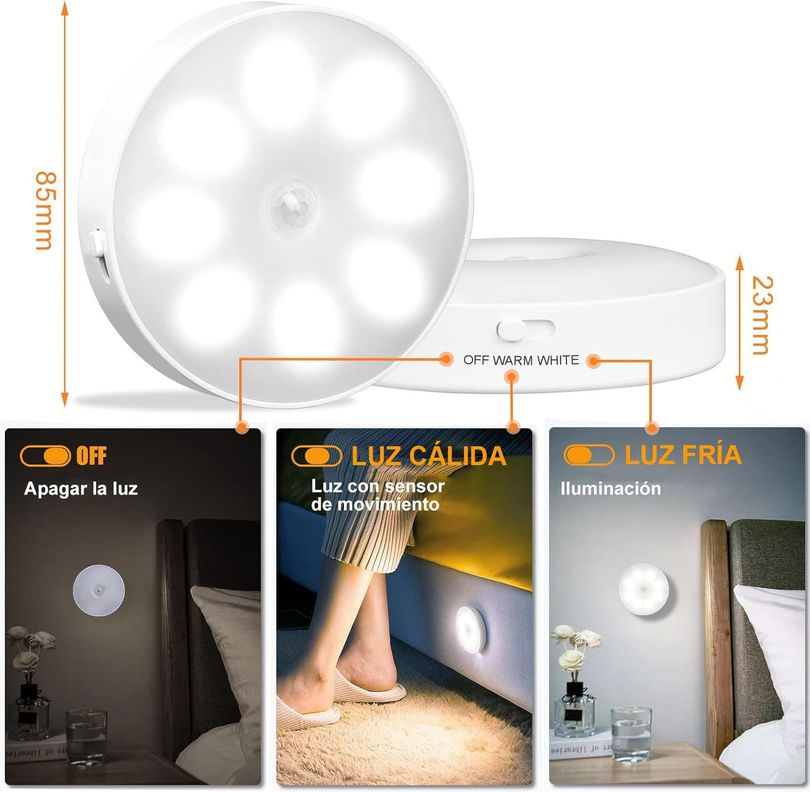  Luz Led Sensor De Movimiento Recargable Cálida Fría Inalámbrica-3
