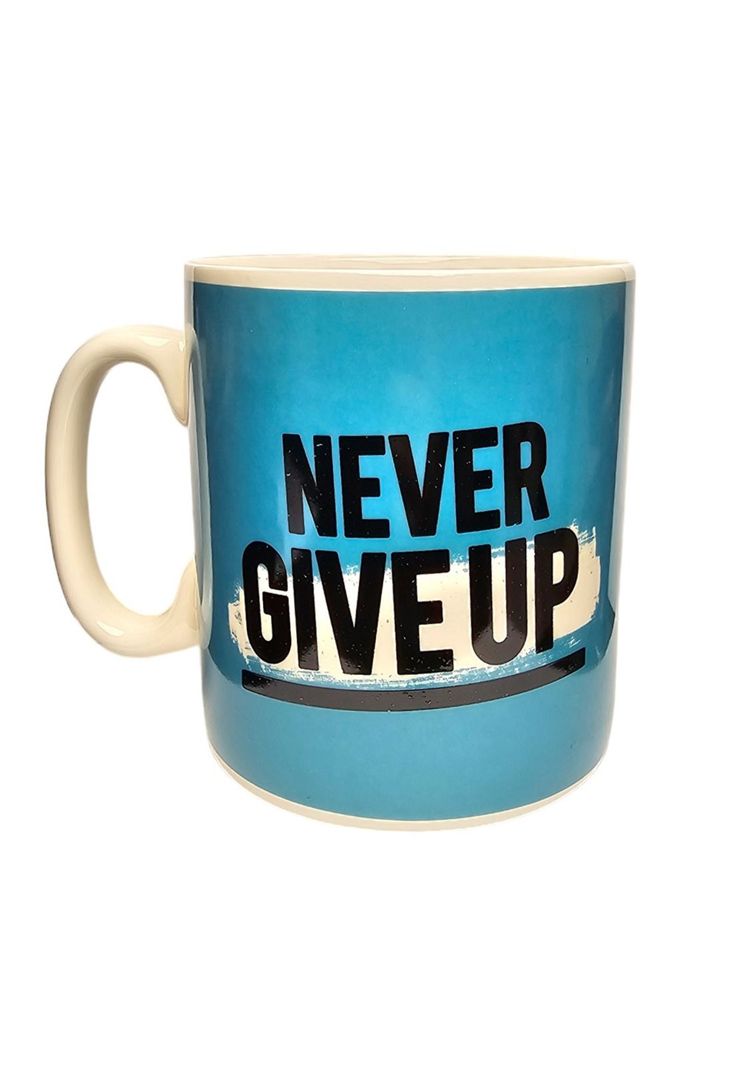 Tazon Jumbo ceramica "Never Give Up" extragrande 900 ml Blanco