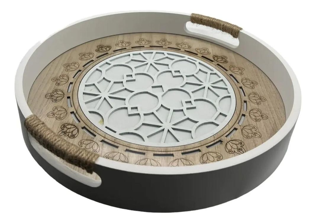 Bandeja Madera Servir Con Disenos Acrilico 35cm Beige