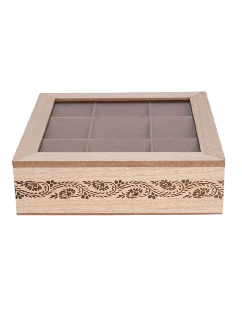 Caja De Té Mediana De Madera 9 Espacios Ramas Flores BE-0