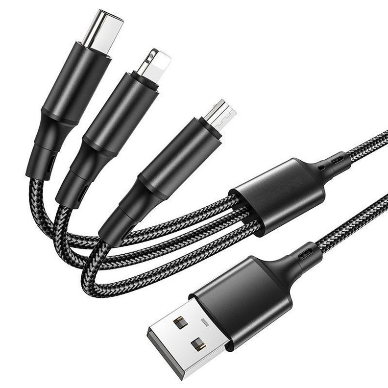 Cable 3 en 1 de 1.2 Metros Usb Tipo C Y Lightning De Nylon Grafito
