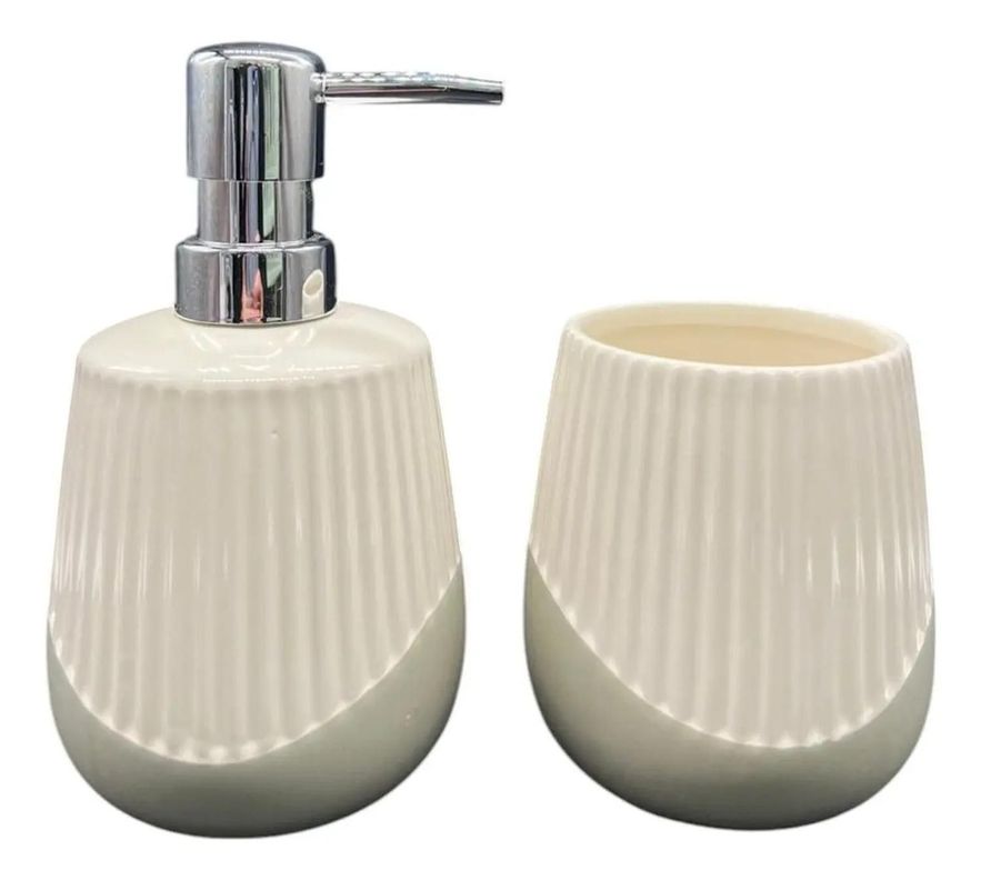 Set De Baño 2 Piezas Ceramica Jabon Porta Cepillo Crema Crema