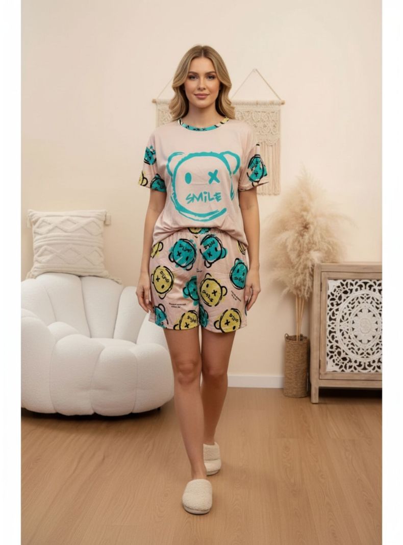 Conjunto 3 piezas Pijama Mujer Short Pantalón Polera Manga Corta 200