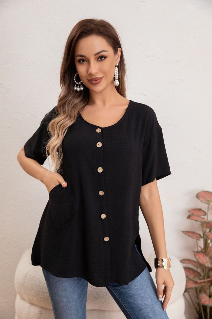 Blusa Mujer Manga Corta Algodón Botones Bolsillos 037-1