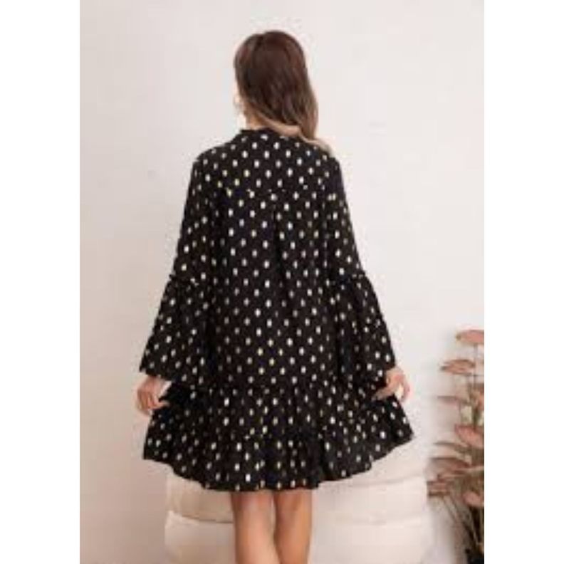 Vestido Corto Mujer Manga Larga Ancha Diseño Puntos 0043-1