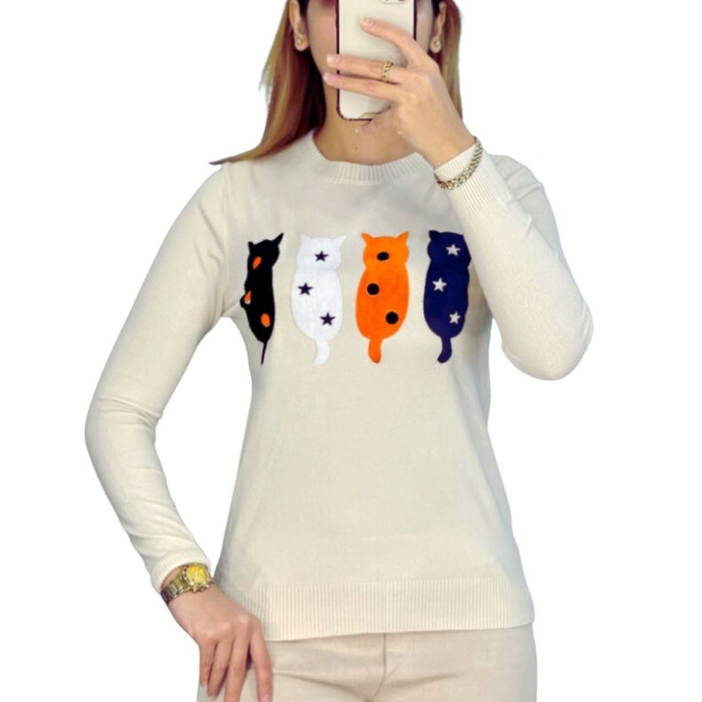 Sweater Mujer Algodón Otoño Invierno Tejido Suave Diseño Gatito 536-0