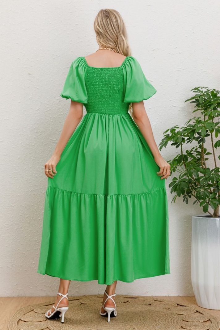 Vestido Largo Mujer Manga Globo Corta Cuello V 3345-2