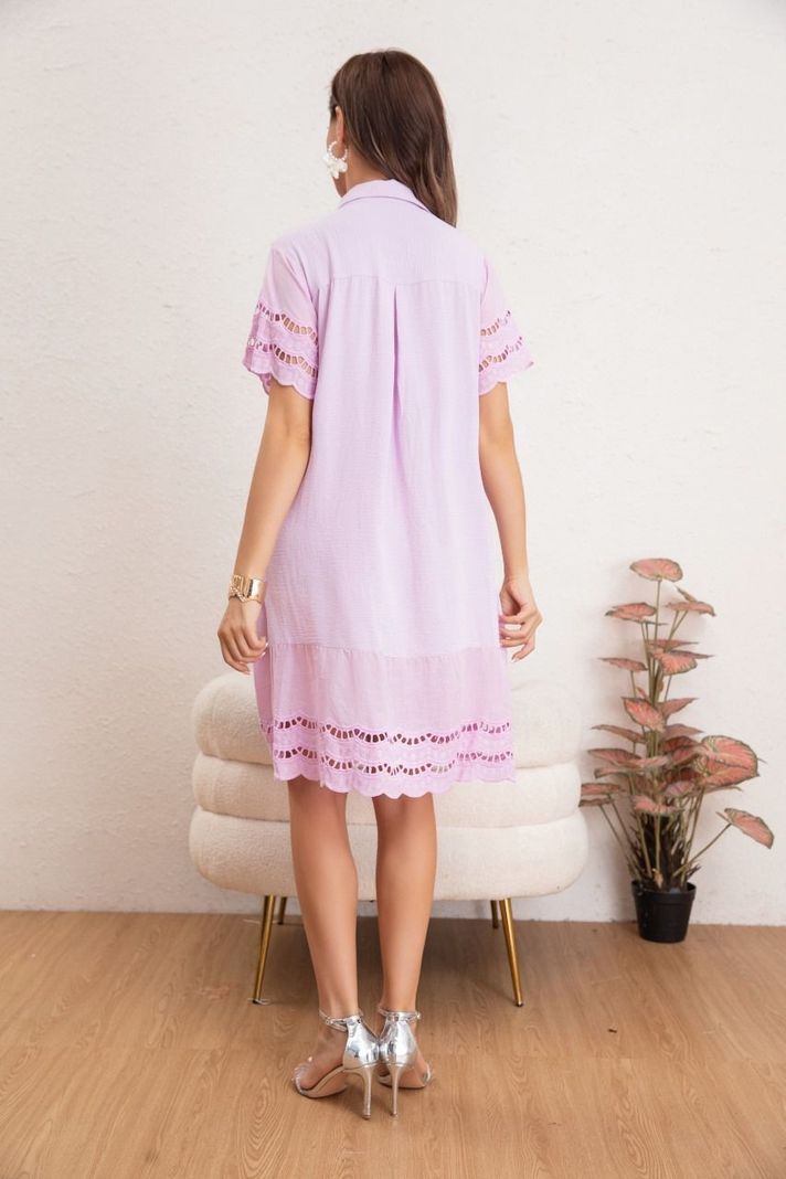 Vestido Corto Primavera Mujer Manga Corta Macramé Casual 0040-1