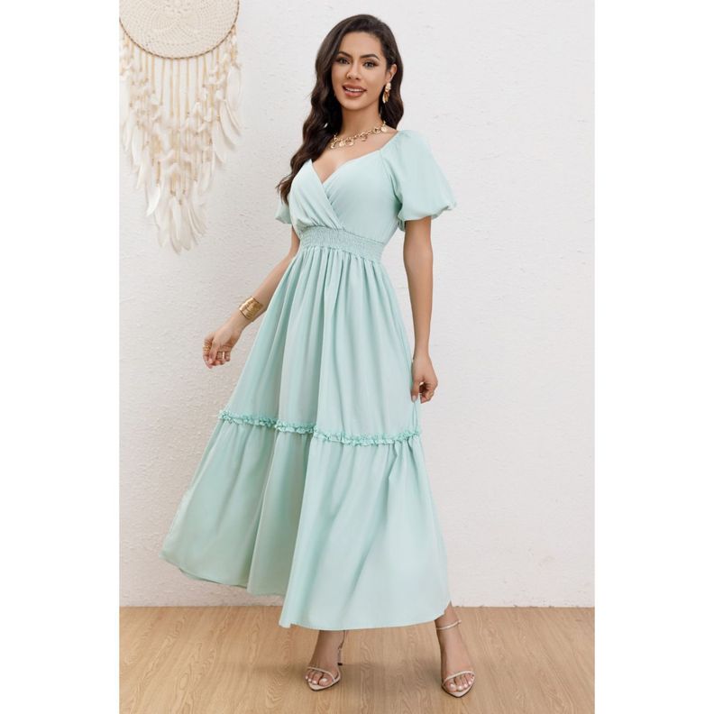 Vestido Largo Acampanado Mujer Manga Corta Cuello V 346-0
