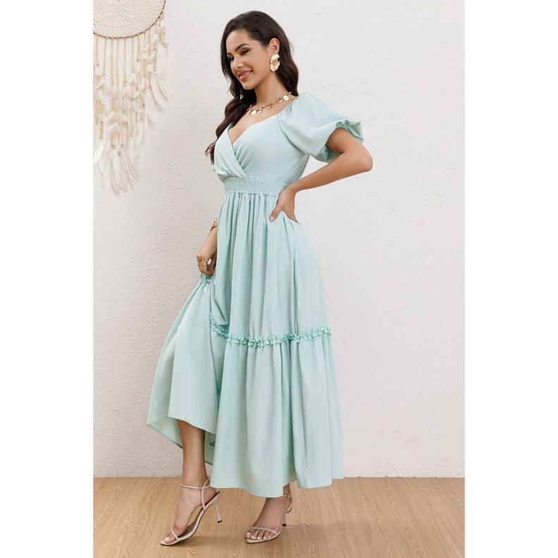 Vestido Largo Acampanado Mujer Manga Corta Cuello V 346-1