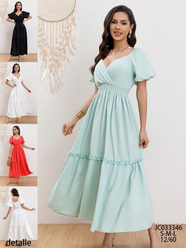 Vestido Largo Acampanado Mujer Manga Corta Cuello V 346-2