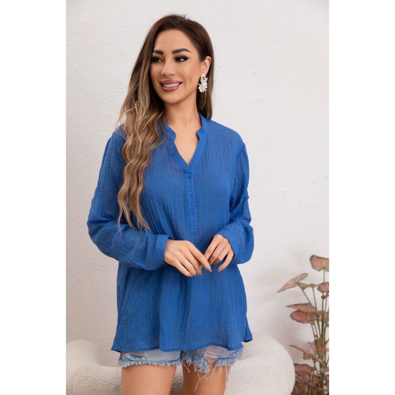 Blusa Mujer Tendencia Lino Algodón Premium Liviana Botones Textura 053-1