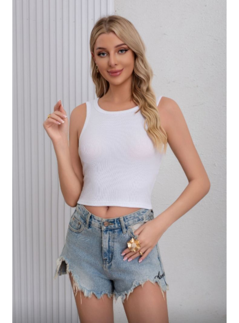 Top Corto Mujer Elasticado Sin Manga Acanalada Musculosa 7608