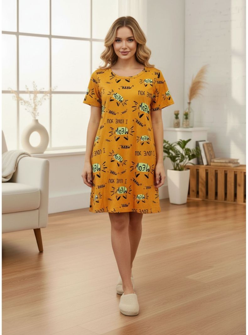 Pack 2 Camisa De Dormir Mujer Juvenil Verano Manga Corta Gatito A783 Mostaza 12-14 Anos