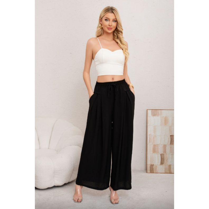 Pantalon Palazzo Algodon Mujer Tipo Lino Casual Playero Bolsillos 3004