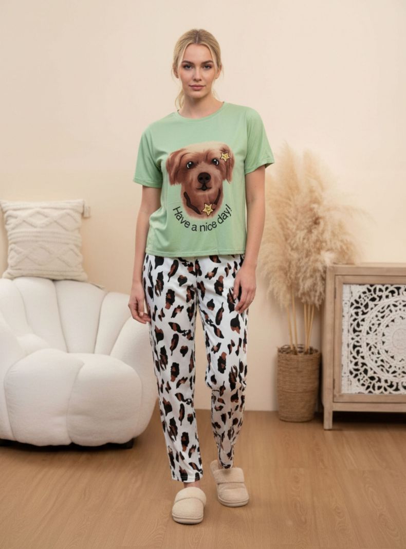 Conjunto 3 piezas Pijama Mujer Verano Short, Pantalon y Polera Manga Corta 100 Verde XL-XXL