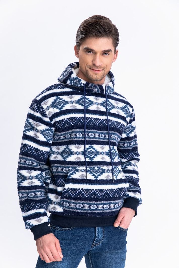Poleron Canguro Hombre Forro Piel Etnico Otono Invierno Capucha 7564 Azul S