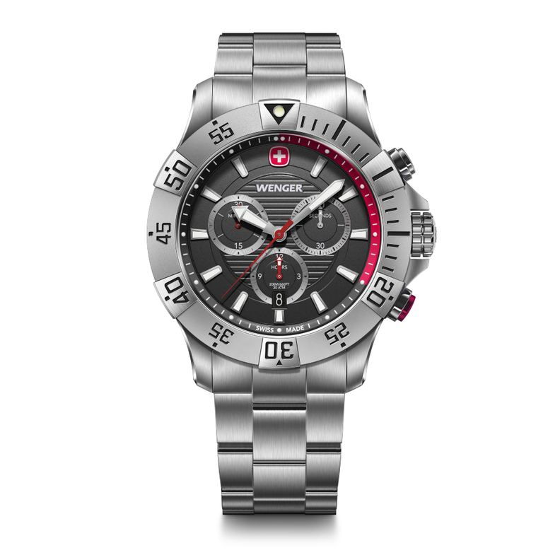 Reloj Seaforce Chrono correa acero inox, dial negro 43 mm Wenger