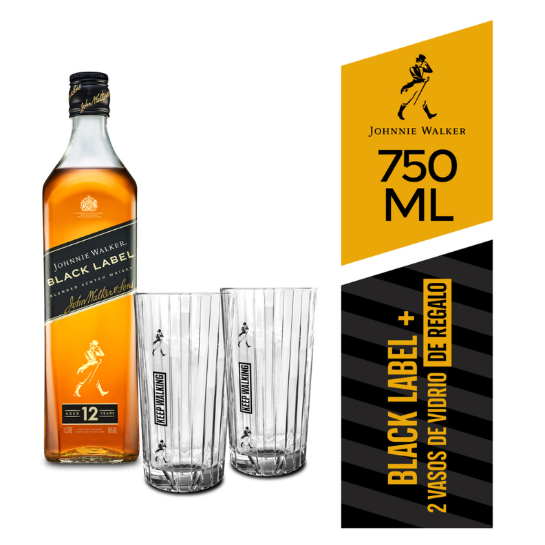 Pack Whisky Johnnie Walker Black Label 750ml + 2 Vasos-0