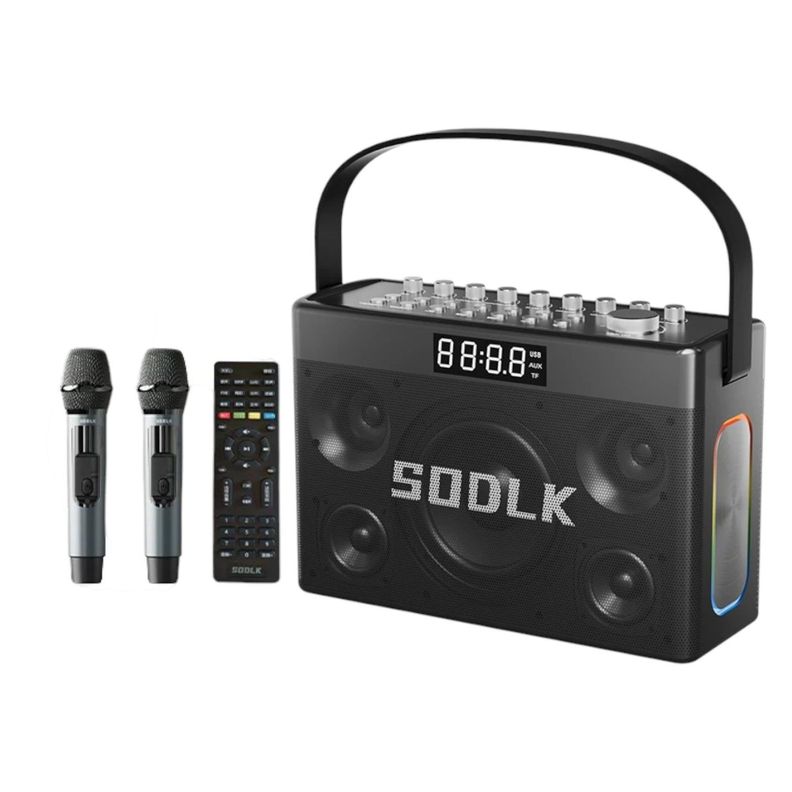 Parlante Altavoz Bluetooth 5.3 Karaoke 2 Mic 300W 19800mAh IPX5 TWS SODLK S1127 PLUS Negro