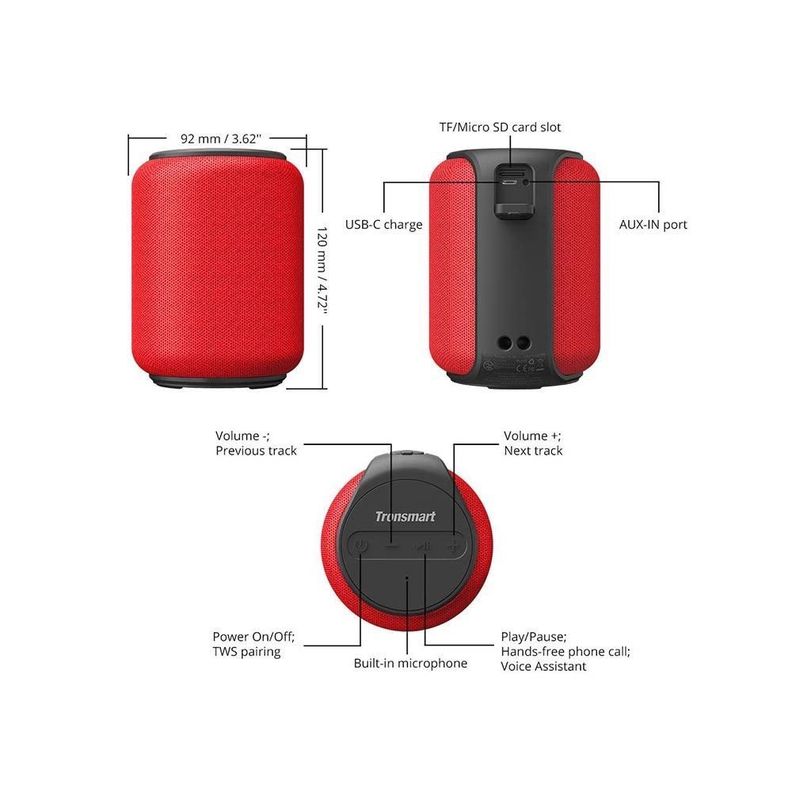 Parlante Bluetooth 15W Tronsmart Element T6 Mini - Rojo-2