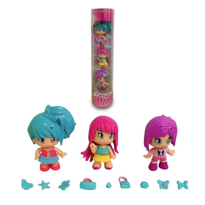 PACK 3 MUÑECAS EN TUBO PINYPON - CABELLO AZUL-0