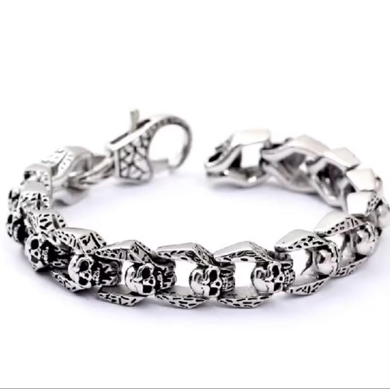 Pulsera Acero Eslabones Calaveras Talladas