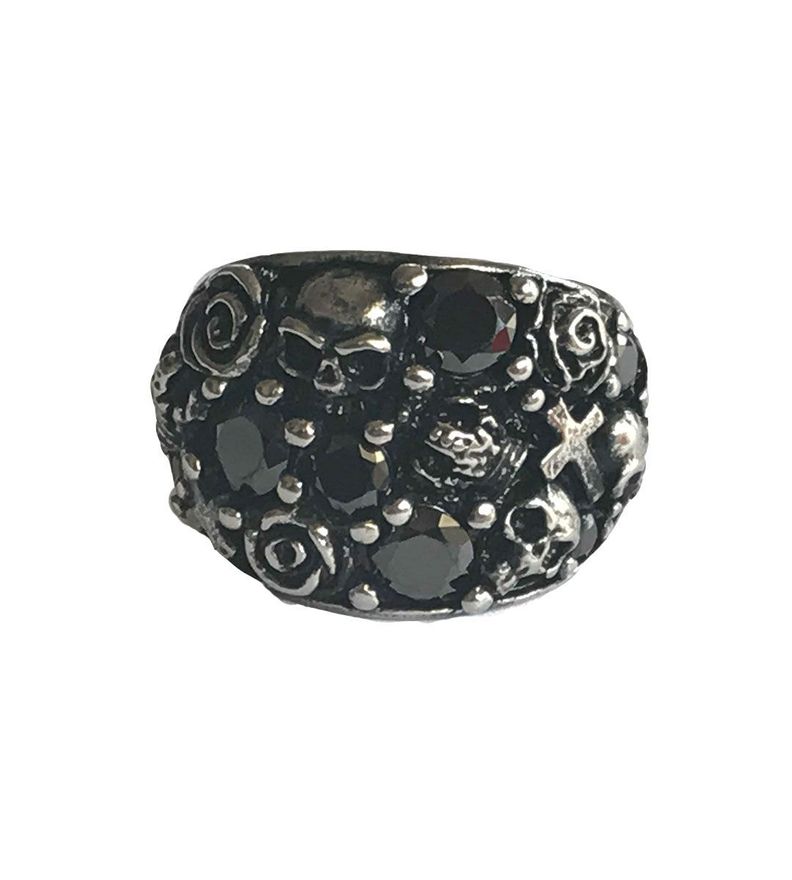 Anillo Acero con Cristales Rosas y Calaveras N° 7