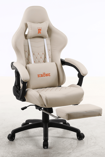 Silla Gamer Krone XL Reclinable + Masaje Lumbar + Apoyapiés - Blanca-2