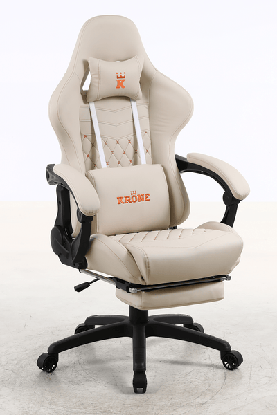 Silla Gamer Krone XL Reclinable + Masaje Lumbar + Apoyapiés - Blanca-0