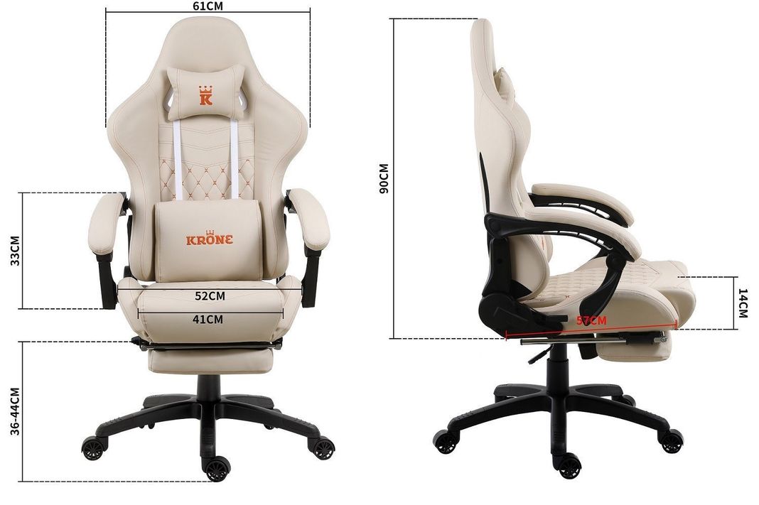Silla Gamer Krone XL Reclinable + Masaje Lumbar + Apoyapiés - Blanca-5