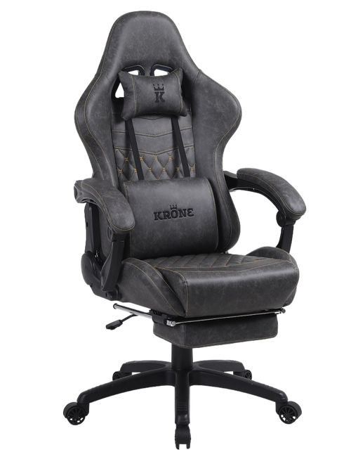 Silla Gamer Krone XL Reclinable + Masaje Lumbar + Apoyapies - Gris Grafito [ 30 ]