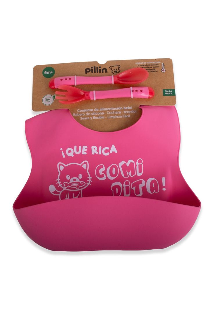 Set Babero y cubiertos Bebé Niña Fucsia Pillin-0