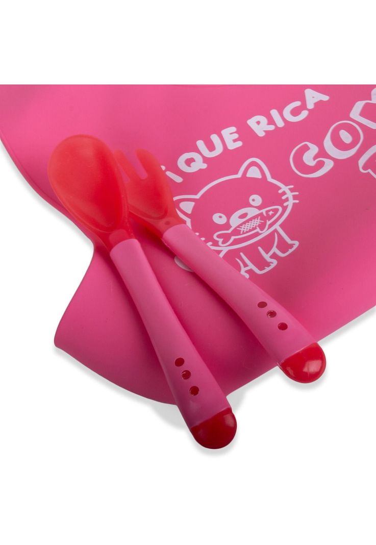 Set Babero y cubiertos Bebé Niña Fucsia Pillin-1