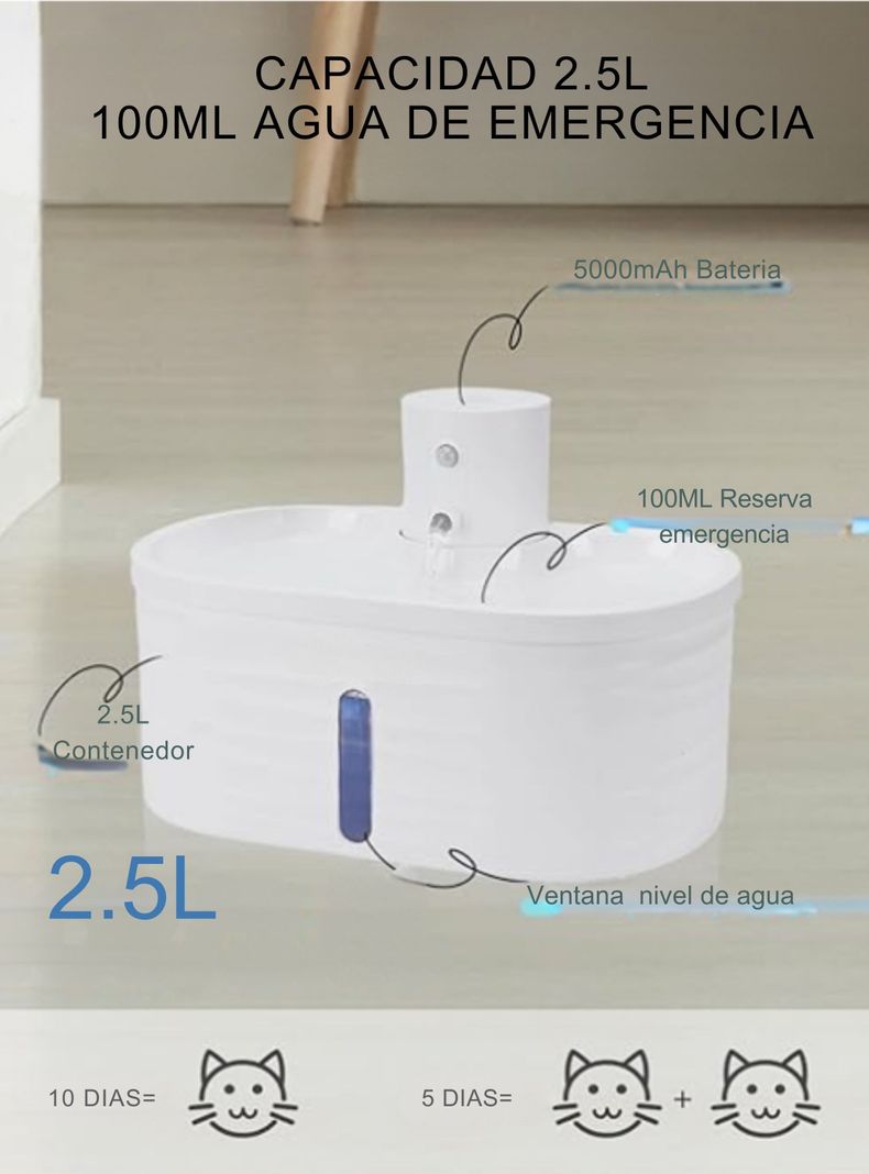Bebedero Inalámbrico Sensor Movimiento Gatos 2,5 L + 3 Filtros-5